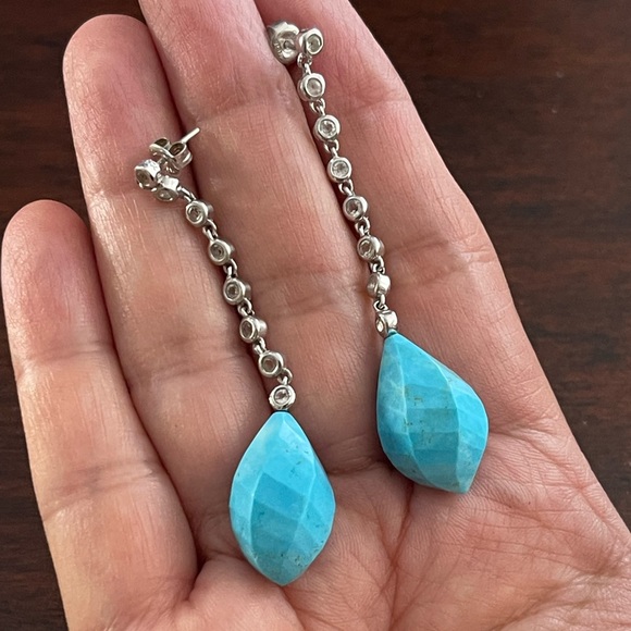 Vintage Jewelry - Carved turquoise howlite cz solid sterling silver drop earrings